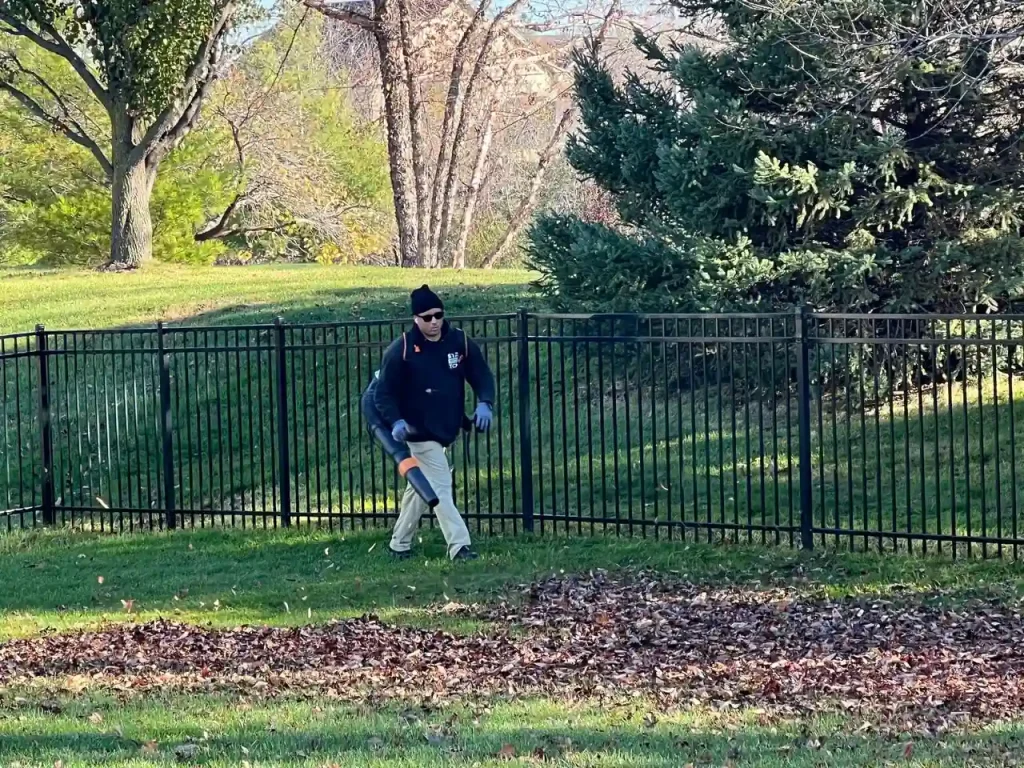 Professional lawn care worker performing fall leaf cleanup on a green lawn in Granger, Iowa.